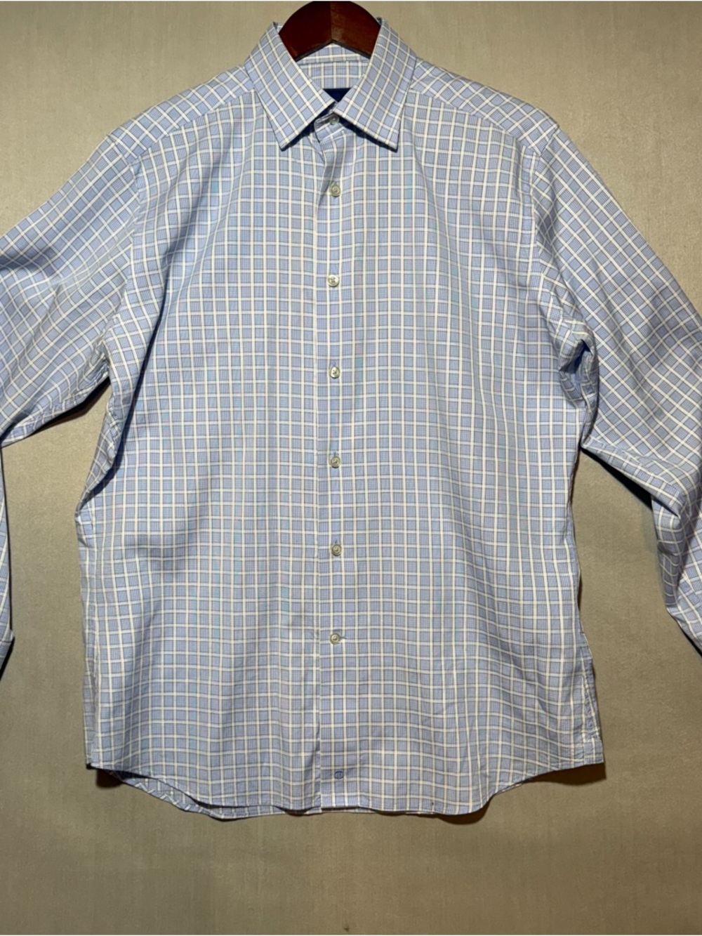 David Donahue Blue and White Windowpane Dress Shirt